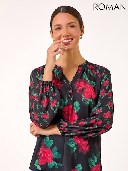 Roman Red Floral Print Notch Neck Blouse (V31428) | £40
