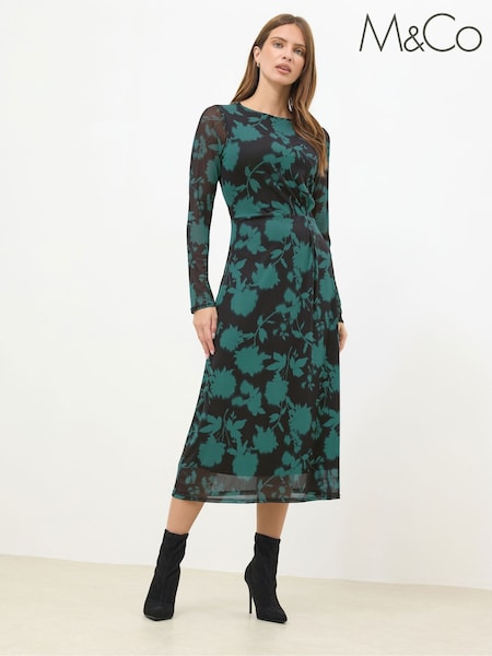 M&Co Green Floral Mesh Twist Dress (V31457) | £47