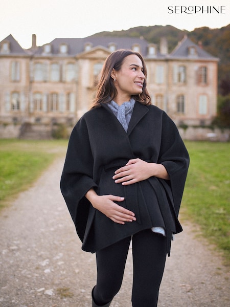 Seraphine Black Belted Maternity Cape Coat (V31472) | £129