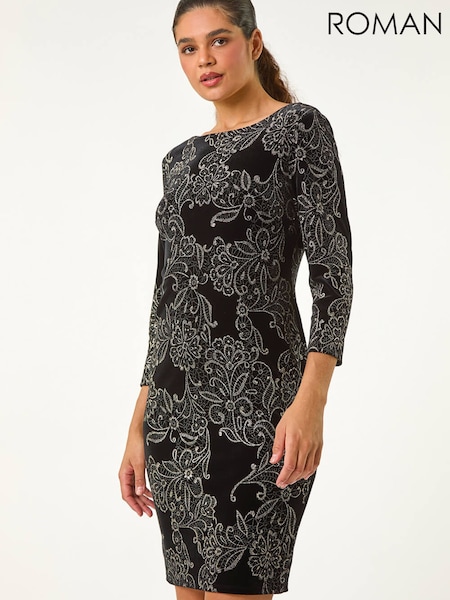 Roman Black Paisley Print Velvet Shift Dress (V31550) | £68