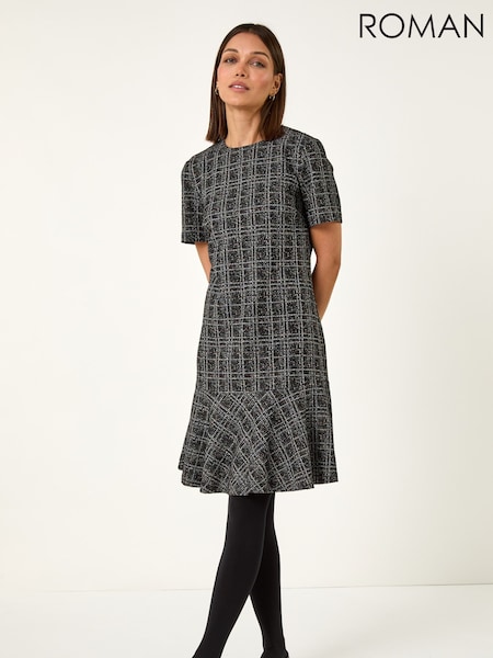 Roman Black Textured Frill Hem Stretch Dress (V31560) | £48