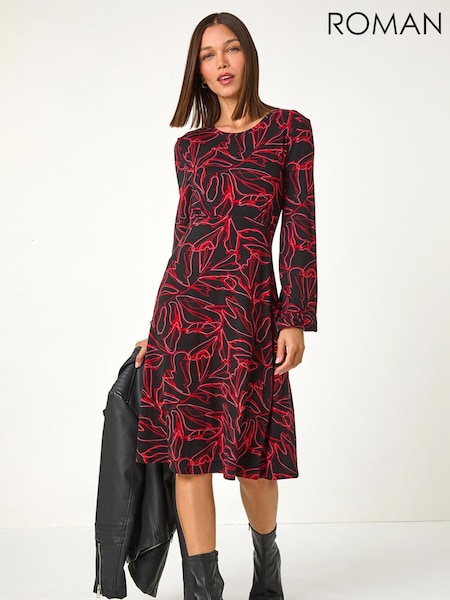 Roman Red Leaf Print Stretch Tea Dress (V31570) | £45