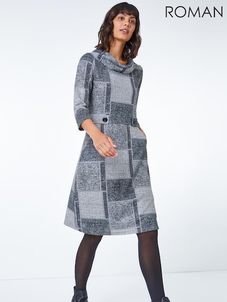Roman Grey Patchwork Cowl Neck Button Detail Dress (V31582) | £45