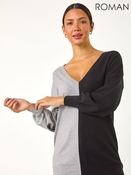 Roman Grey V-Neck Colour Block Knit Jumper (V31584) | £32
