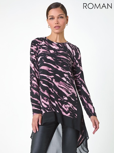 Roman Pink Abstract Print Chiffon Hem Tunic Top (V31591) | £36