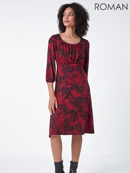Roman Red Floral Print Stretch Jersey Dress (V31603) | £42
