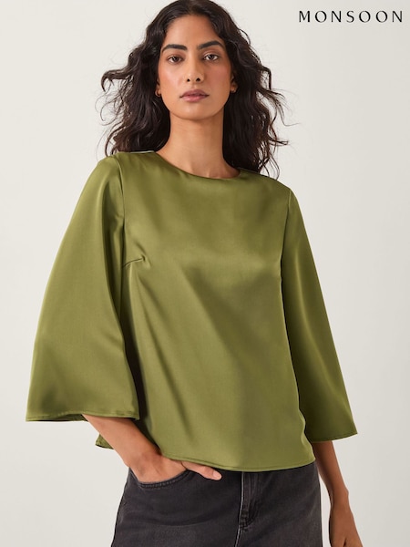 Monsoon Green Ingrid Bell Sleeve Satin Blouse (V31979) | £55