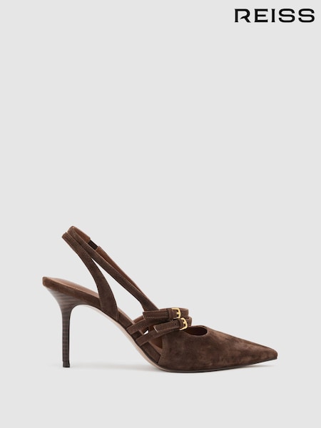 Reiss Chocolate Beatrice Suede Buckle-Strap Court Shoes (V32033) | £180