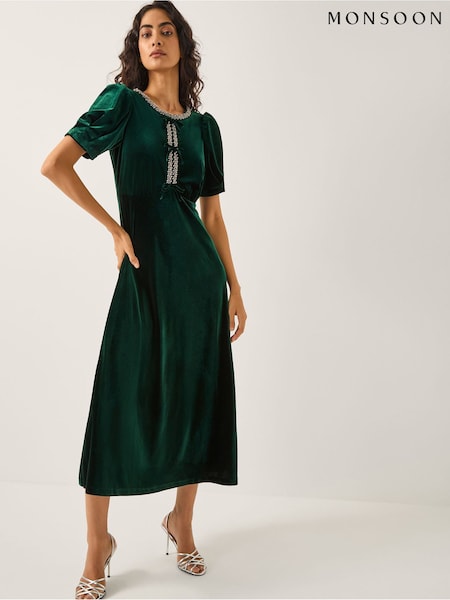 Monsoon Green Celeste Embellished Bow Velvet Midi Dress (V32048) | £0