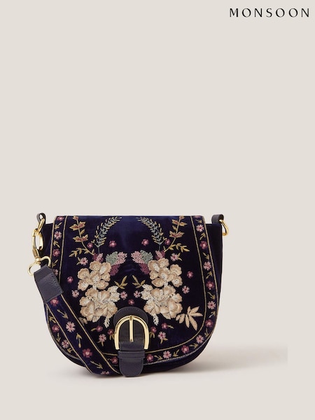 Monsoon Blue Fallon Floral Embroidered Satchel Crossbody Bag (V32050) | £45