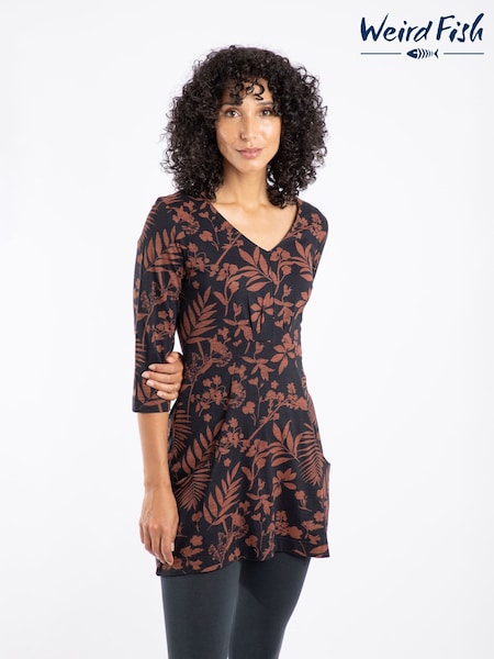 Weird Fish Brown Arielle Printed Jersey 3/4 Sleeve Tunic (V32385) | £42