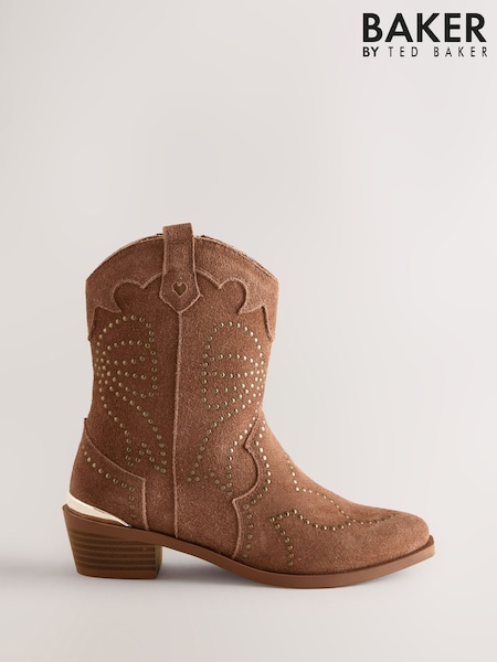 Tan Brown - Baker By Ted Baker Tan Suede Studded Bow Western Tan Brown Boots
