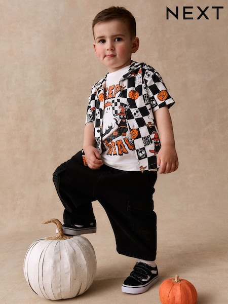 White/Black Halloween Printed - Short Sleeve Halloween Shirt And T-shirt Set (3mths-7yrs)
