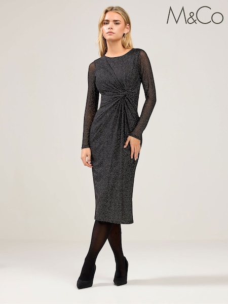 M&Co Black Petite Gold Glitter Knot Front Dress (V32634) | £50