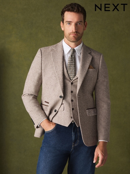 Neutral - Regular Fit Wool Blend Donegal Textured Blazer