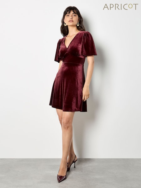 Apricot Red Velvet V-Neck Empire Mini Dress (V34299) | £40