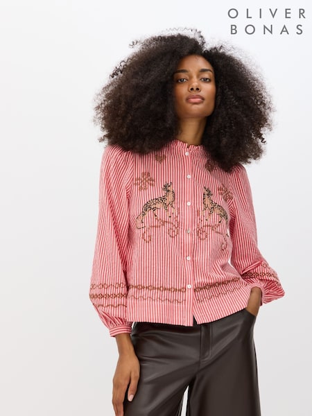 Oliver Bonas Pink Striped Leopard Embroidered Shirt (V34310) | £65