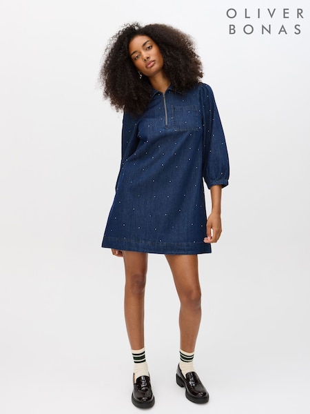 Oliver Bonas Blue Denim Rhinestone Half Zip Mini Dress (V34314) | £85