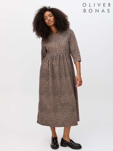 Oliver Bonas Brown Animal Print Denim Zip Front Collared Midi Dress (V34322) | £85