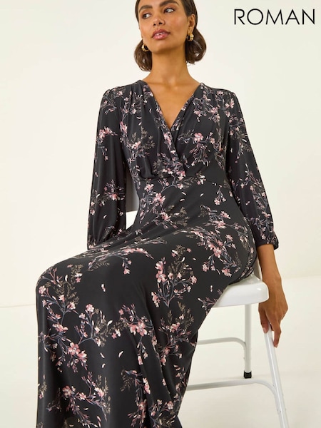 Roman Pink Floral Print Stretch Midi Dress (V34534) | £55