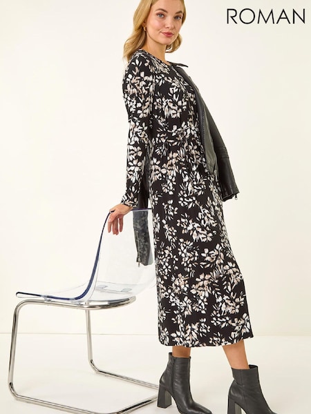 Roman Black Printed Stretch Midi Dress (V34536) | £53
