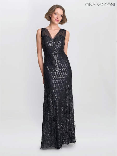 Gina Bacconi Tamsin Sleeveless Sequin Maxi Black Dress (V34749) | £299