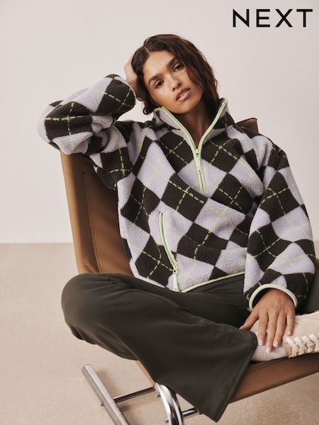 Lilac/Lime Argyle Print - Active Borg Zip Neck Fleece