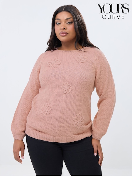 Yours Curve Pink Long Sleeve Floral Jumper (V35572) | £31