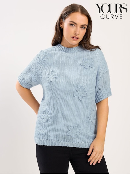 Yours Curve Blue Floral Short Sleeve Jumper (V35602) | £29
