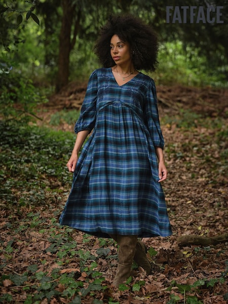 Teal Blue - Fatface Check Midi Dress