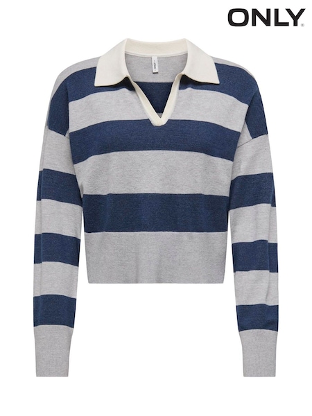 ONLY Green V-Neck Stripe Knitted Polo Shirt (V36013) | £32