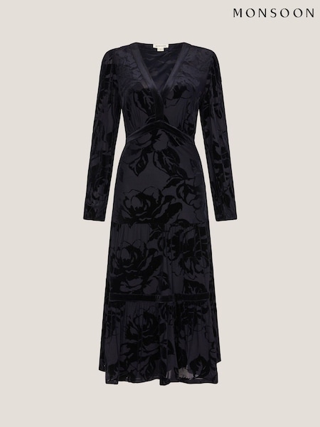 Monsoon Blue Dolly Floral Devoré Midi Dress (V36195) | £99