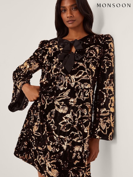 Monsoon Black Shola Bow Sequin Mini Tunic Dress (V36209) | £130