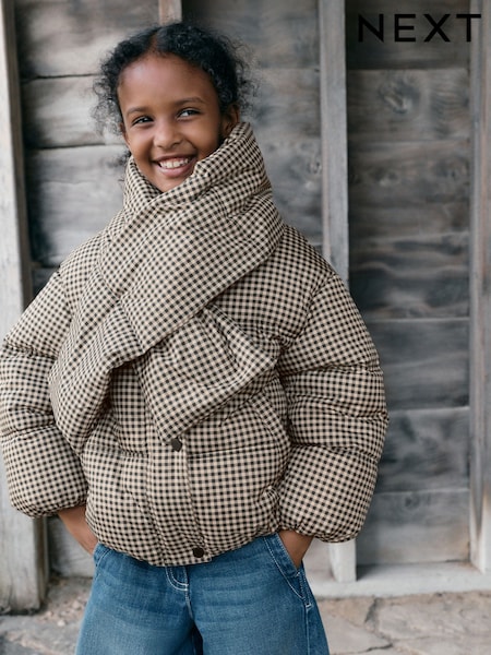 Neutral Check - Shower Resistant Padded Coat With Removable Scarf (3-16yrs)