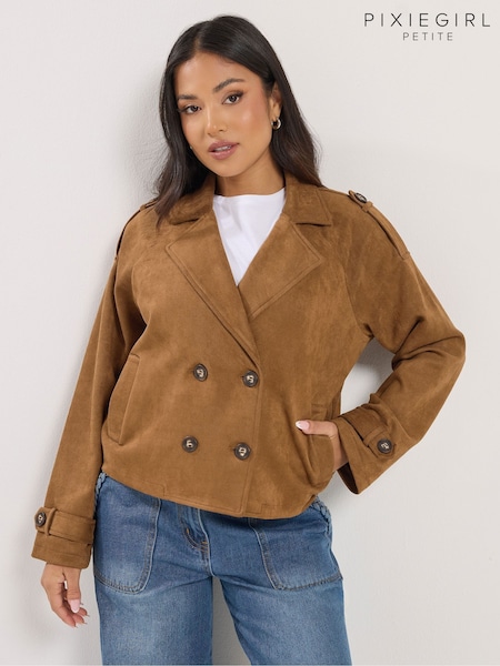 PixieGirl Petite Brown Suedette Cropped Trench Coat (V36443) | £45