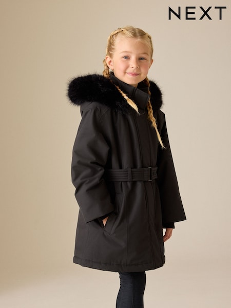 Black - Waterproof Belted Padded Coat (3-16yrs)