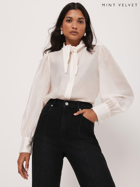 Mint Velvet White Pearl Trim Tie Neck Blouse (V36463) | £99