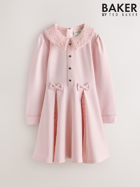 Pink - Baker By Ted Baker Lace Collar Pleated Ponte Dress