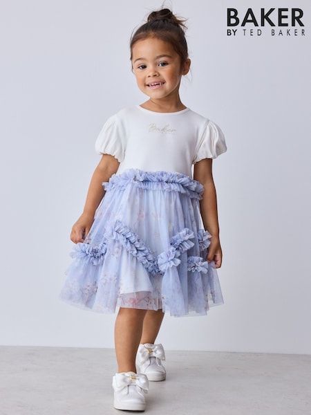 Pale Blue - Baker By Ted Baker Floral Ruffle Mesh Tiered Mockable Dress