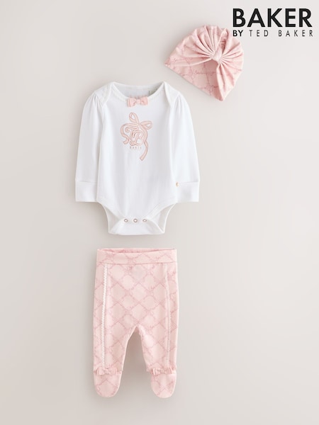 Pink - Baker By Ted Baker 3 Piece Bodysuit, Monogram Printed Leggings & Turban Set