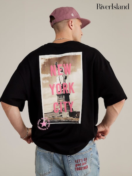 River Island Black Hackney Dave New York Oversized T-Shirt (V36804) | £36
