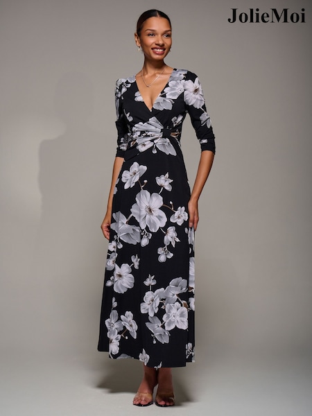 Jolie Moi Black Jersey Ruched Waist Fit & Flare Maxi Dress (V37015) | £68