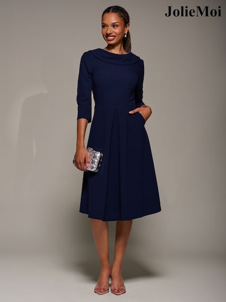 Jolie Moi Blue Roll Neck Fit & Flare Midi Dress (V37019) | £78