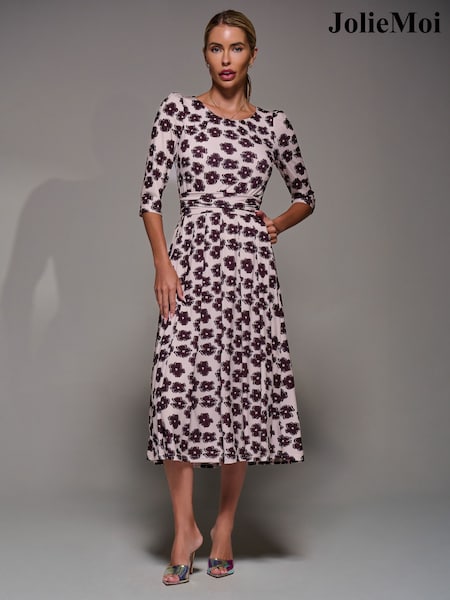 Jolie Moi Brown Three Quarter Sleeve Jersey Midi Dress (V37023) | £75