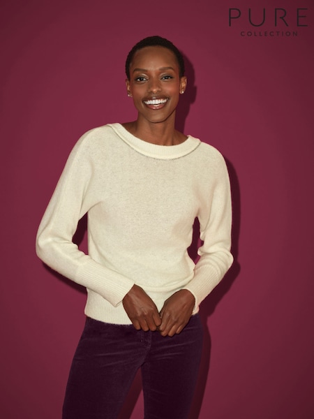 Pure Collection Cream Fluffy Diamante Bow Merino Cashmere Jumper (V39137) | £185