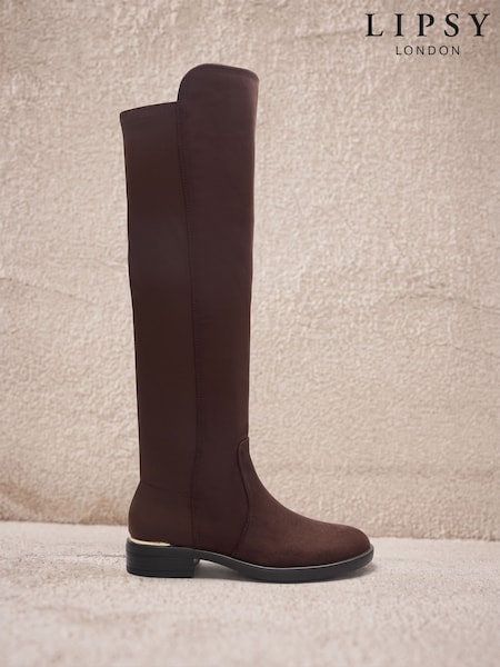 Chocolate Brown - Faux Suede Elasticated Flat Knee High Casual Riding Boots