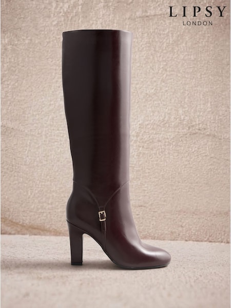 Burgundy Red - Lipsy Faux Leather Knee High Heeled Buckle Trim Boots