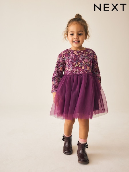 Burgandy Floral - Long Sleeve Ribbed Mesh Dress (3mths-7yrs)