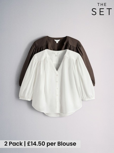 White/Chocolate Brown - The Set 2 Pack V-neck Button Through Blouse