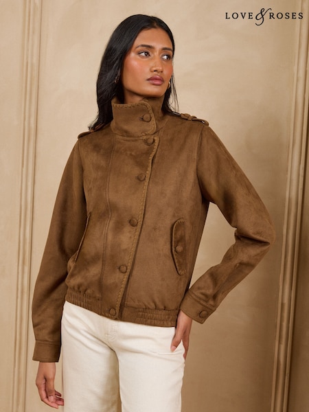 Tan Brown - Love & Roses Suedette Funnel Bomber Jacket